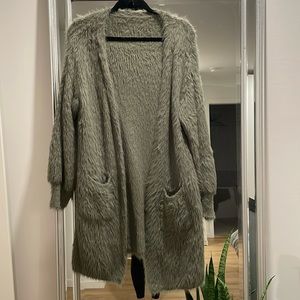 Green/khaki faux fur knit cardigan